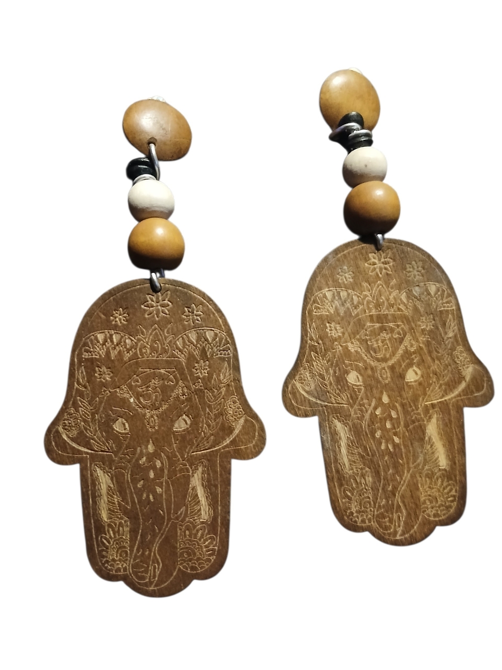 Hand-Carved Wooden Hamsa Elephant Dangle Earrings - Natural Brown